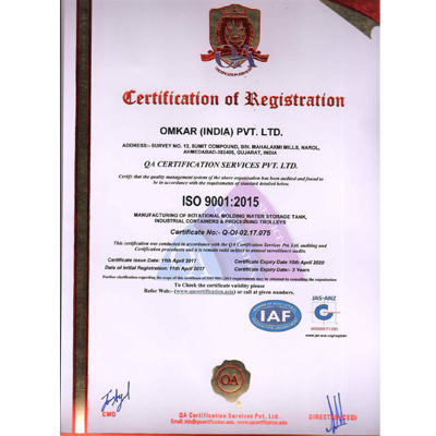 Certificate for ISI mark for water tanks as per IS 12701:1996