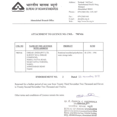 Certificate for ISI mark for water tanks as per IS 12701:1996